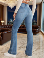 Vaqueros acampanados elásticos grises para mujer, detalle de costura francesa, diseño simple, versátil, corte de bota adelgazante, pantalones para mujer, vaqueros