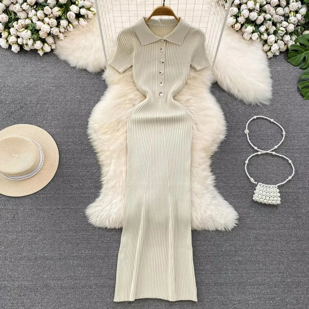 REALEFT Verano 2026 Nuevo Polo de Mujer Vestido Largo Tejido Sólido Elegante Manga Corta Botones Vestido Bodycon Envolvente Femenino