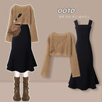 Hollow Long Sleeve Top + Denim Strap Skirt Set