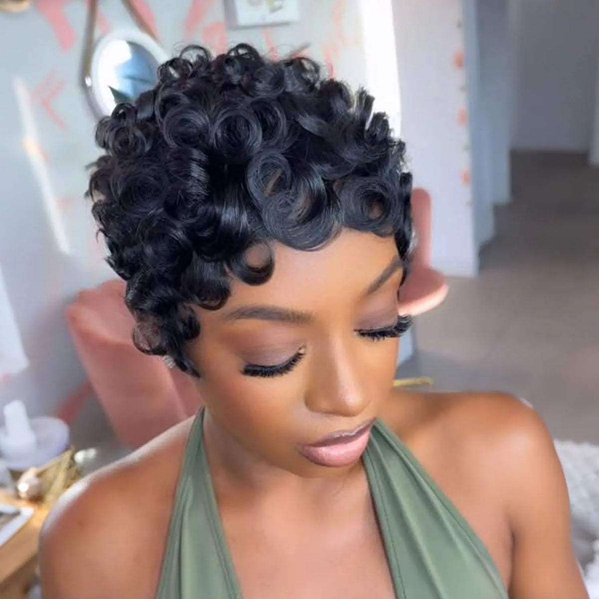 Pixie Cut Wig 13x4 HD Transparent Bob Lace Wig Short Curly Fringe Wigs Brazilian Human Hair Bang 180% Density Black for Women