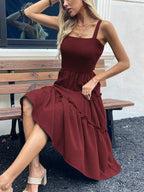 Vestido sin mangas fruncido en el busto y con dobladillo con volantes para mujer - Vestido de tirantes ajustado sexy de verano para fiestas y playa