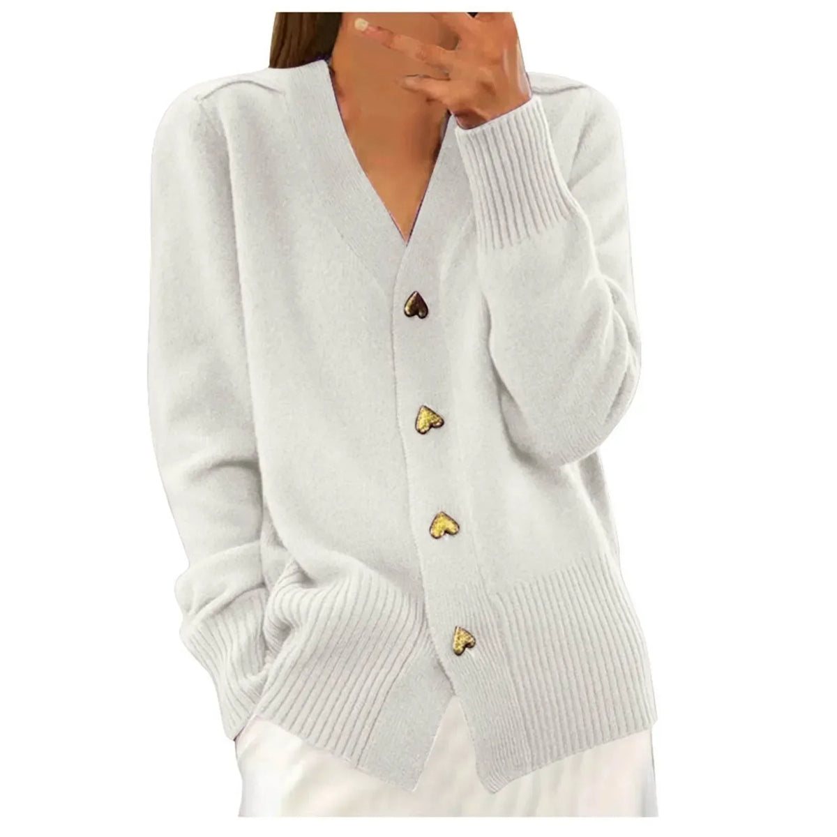 V Neck Love Button Down Plain Yarn Buttoned Cardigan