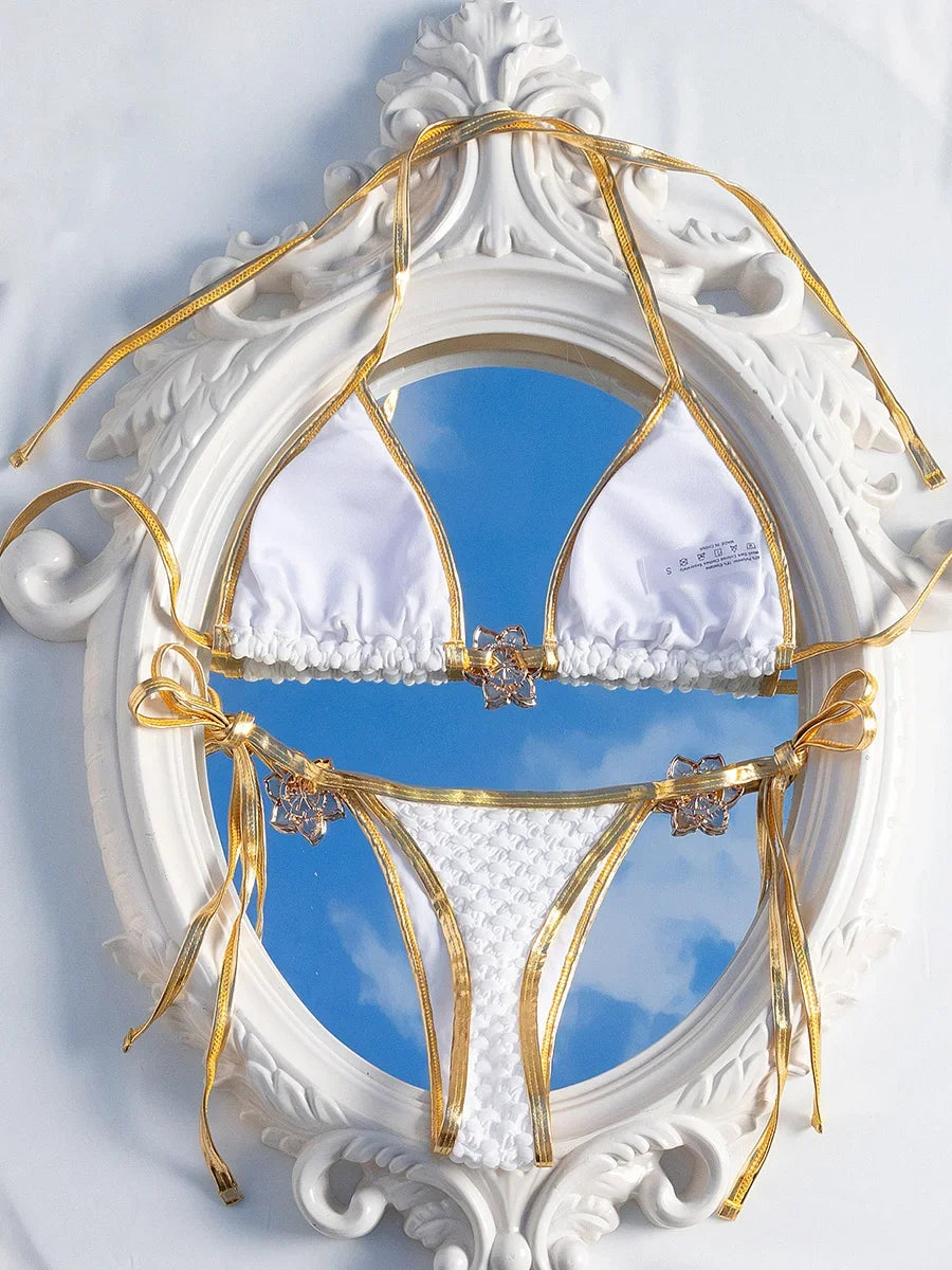 Bikini de tirantes con pliegues, micro tanga, de metal con flores, para mujer, traje de baño de dos piezas, conjunto de bikini para mujer, traje de baño