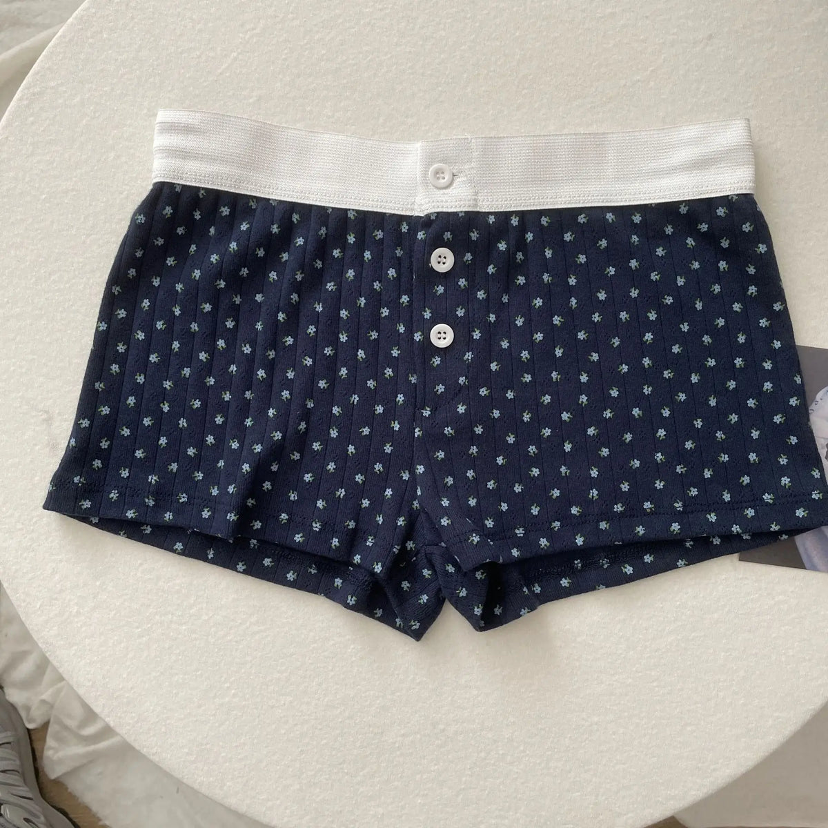 Shorts para mujer de algodón con ojales florales para verano, tres botones, patchwork, cintura elástica, pantalón corto recto, dulce y lindo, para casa, ropa interior