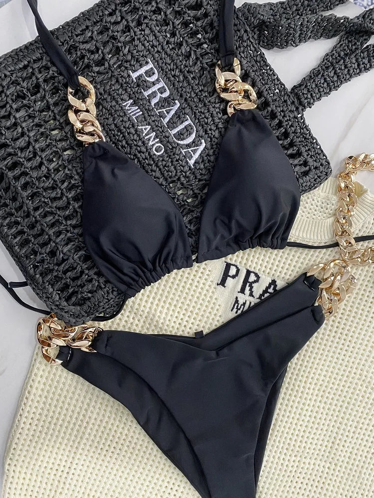 Gold Chain Accent Triangle Bikini