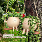 Swing Smile Face Flower Pot Resin Hanging Planter With Rope