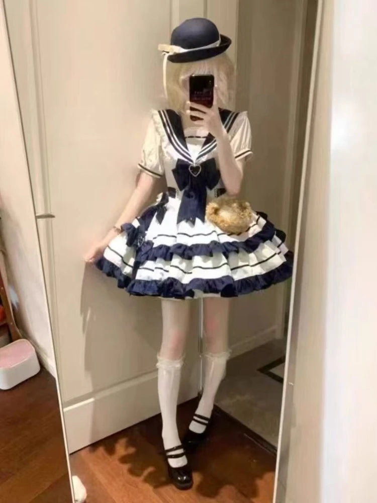 Dulce y adorable conjunto de falda marinera de manga corta con cuello, estilo lolita japonesa kawaii, con lazo de encaje y vestido de fiesta de princesa con cuello marinero.