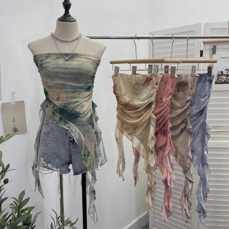 Tie-Dye Mesh Ruffle Edge Asymmetric Tube Top