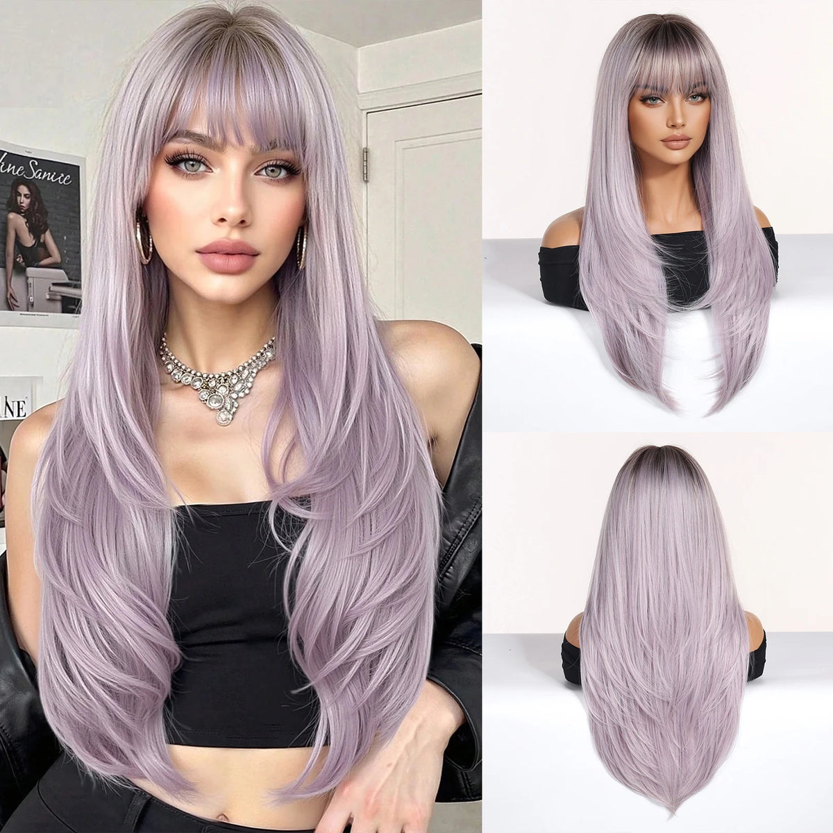 Black And Pink Highlight Synthetic Wigs