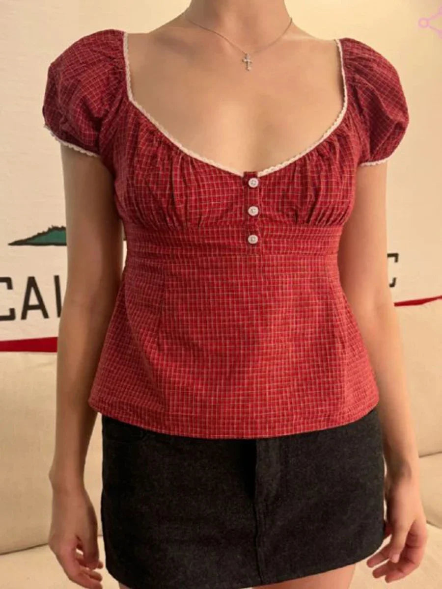 Camiseta Delgada de Cuadros Verdes Vintage para Mujer, Verano, Dulce, con Ribete de Encaje, Manga Corta, Algodón, Tops Casuales Retro Elegantes, Top Corto con Volantes