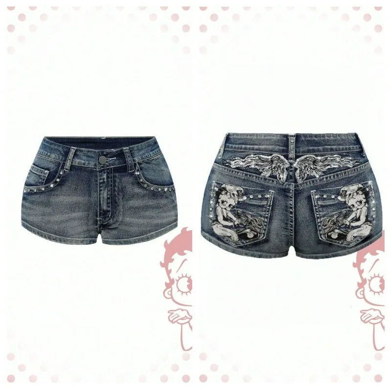 Pantalones cortos vaqueros azules para mujer, estilo Y2K, Harajuku, vintage americano, talle alto, estilo Jorts, jeans casuales de los años 2000, bordados, ropa sexy de verano