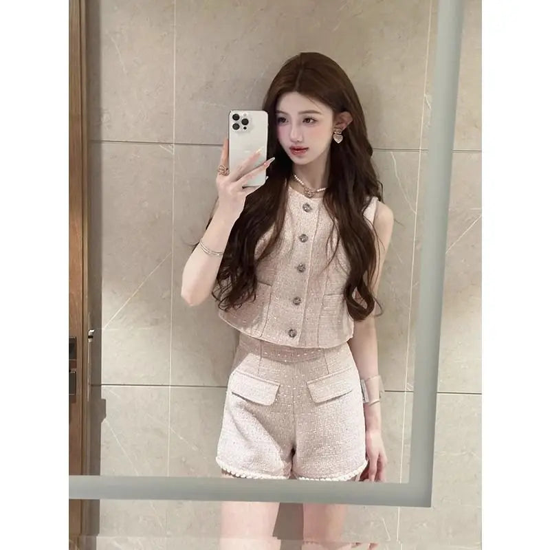 Sleeveless Single-Breasted Tank High-Waisted Straight Shorts Set
