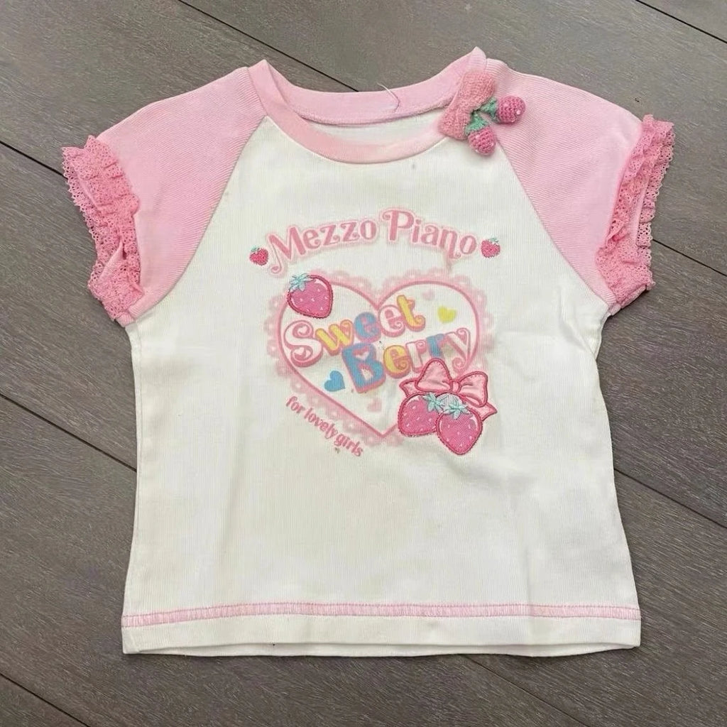 Blusa Estampada Kawaii Sweet Lolita para Mujer Manga con Volantes Encaje Camiseta con Ribete de Lazo Decoración Personaje de Dibujos Animados Estampado Integral Top Lindo