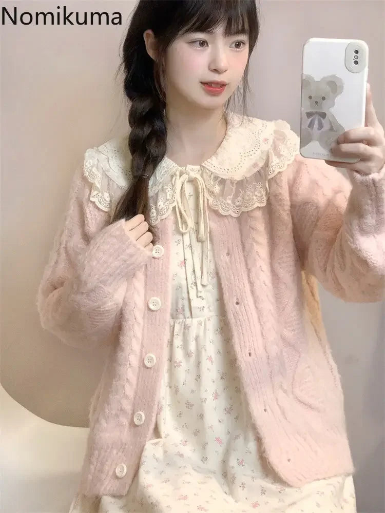 Knit Oversized Cardigan + Peter Pan Collar Floral Dress Set
