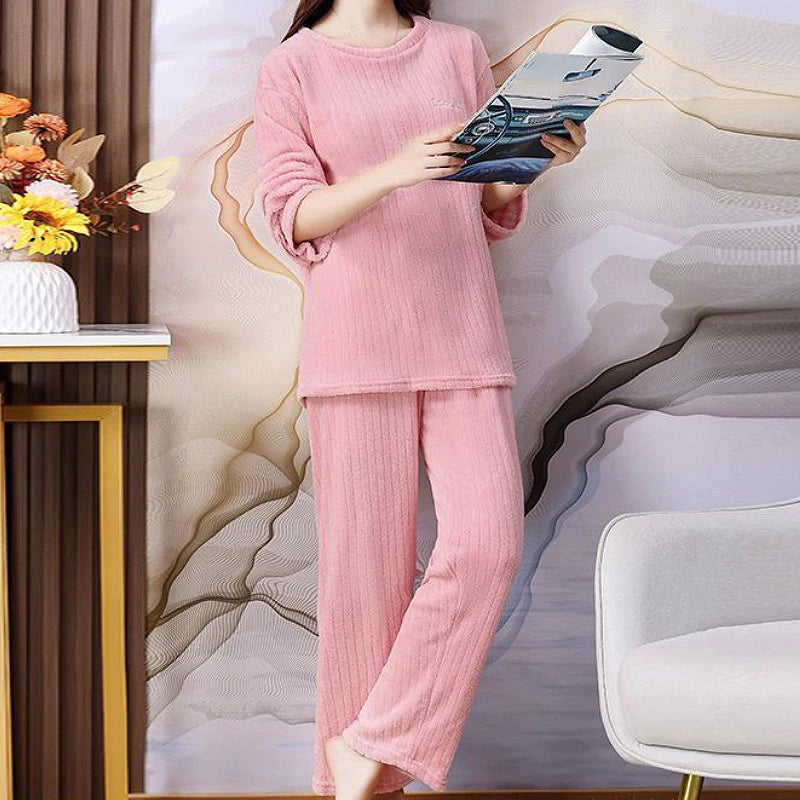 O-Neck Pullover Top + Plaid Loose Elastic Waist Pants Set
