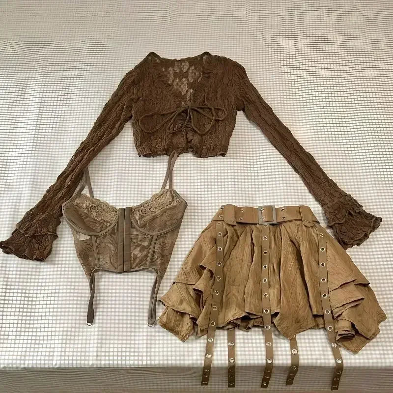 3-Piece Mocha Brown Lace Corset, Flare-Sleeve Tie-Front Shrug & Grommet Belt Tiered Mini Skirt Set