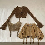 3-Piece Mocha Brown Lace Corset, Flare-Sleeve Tie-Front Shrug & Grommet Belt Tiered Mini Skirt Set