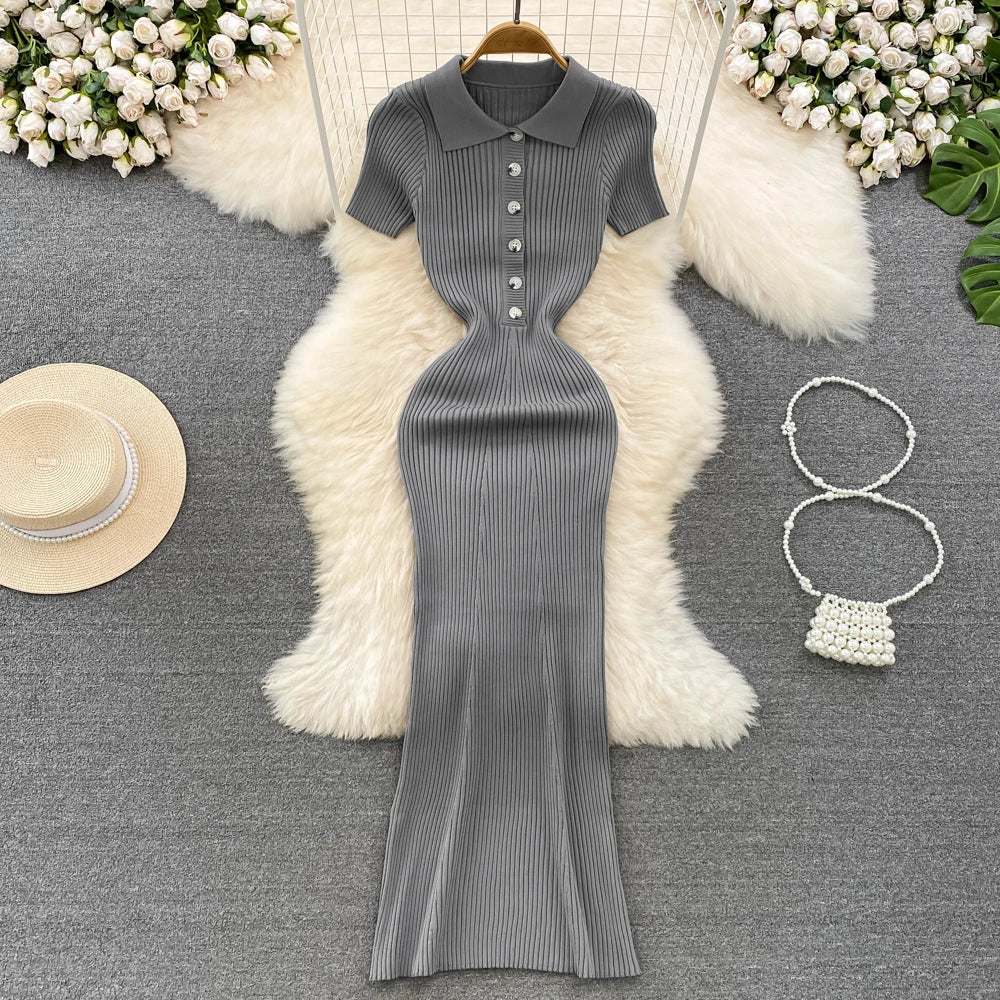 REALEFT Verano 2026 Nuevo Polo de Mujer Vestido Largo Tejido Sólido Elegante Manga Corta Botones Vestido Bodycon Envolvente Femenino