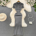 REALEFT Verano 2026 Nuevo Polo de Mujer Vestido Largo Tejido Sólido Elegante Manga Corta Botones Vestido Bodycon Envolvente Femenino