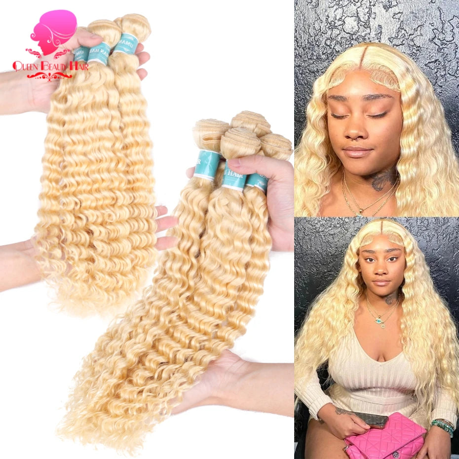 1 3 4 Bundles 613 Honey Blonde 100% Human Hair Platinum Colored Deep Curly Malaysian Deep Wave Bundle Remy Human Hair Extensions
