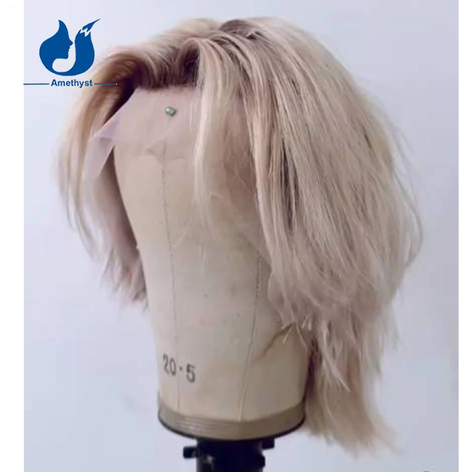 Amethyst Natural Wave Human Hair Wig for Men White Platinum Blonde with Dark Root Brazilian Remy Preplucked Short Boy Cut Wig