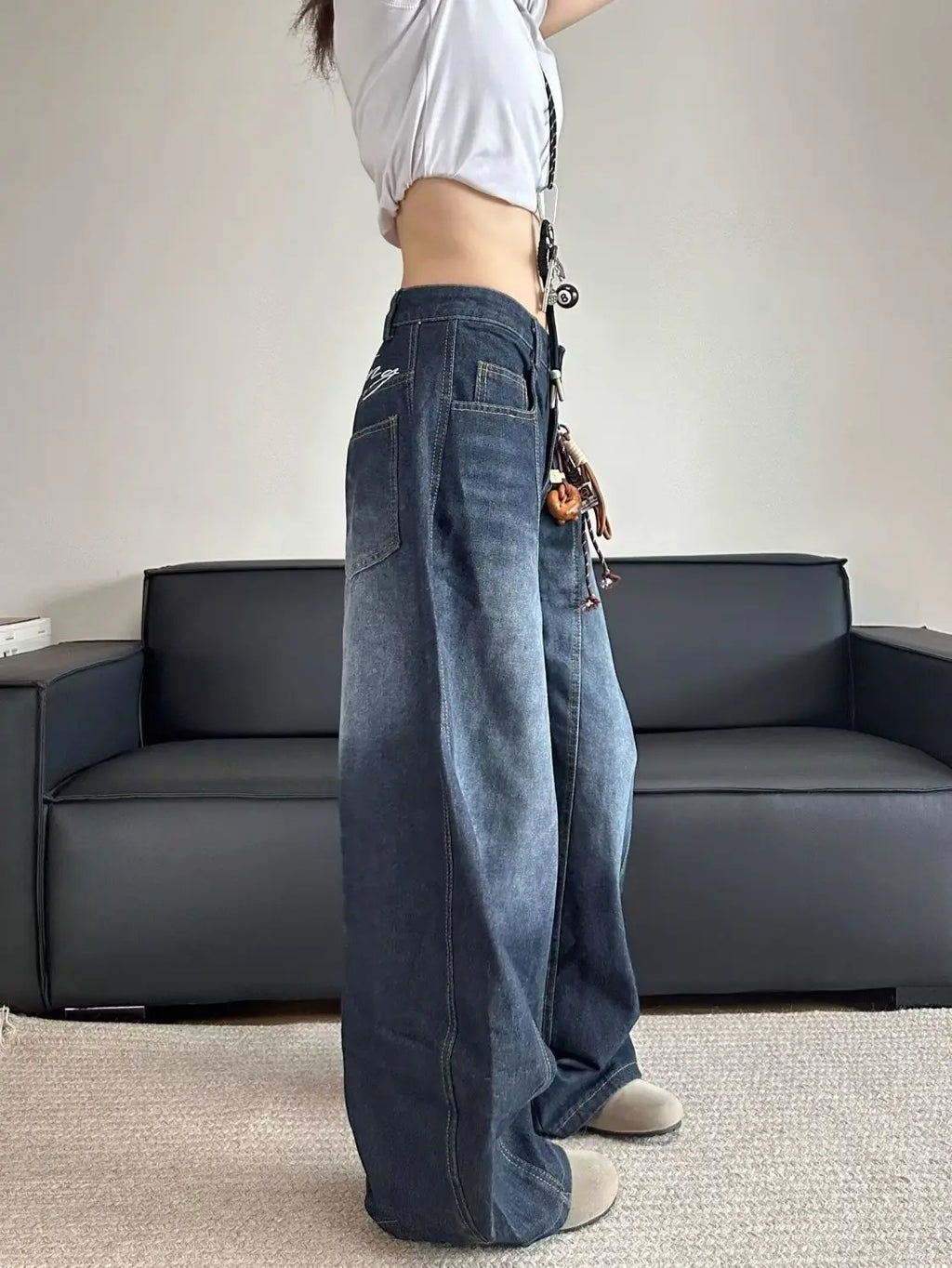 Vaqueros con retazos bordados, elegantes, chic, para mujer, estilo vintage, lavados, de mezclilla drapeada, rectos, holgados, adelgazantes y versátiles