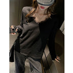 Camiseta Holgada de Talla Grande para Mujer, Negra, Blanca, Otoño, Encaje Suave, Cuello en V, Camiseta Coreana Urbana de Manga Larga, Jersey