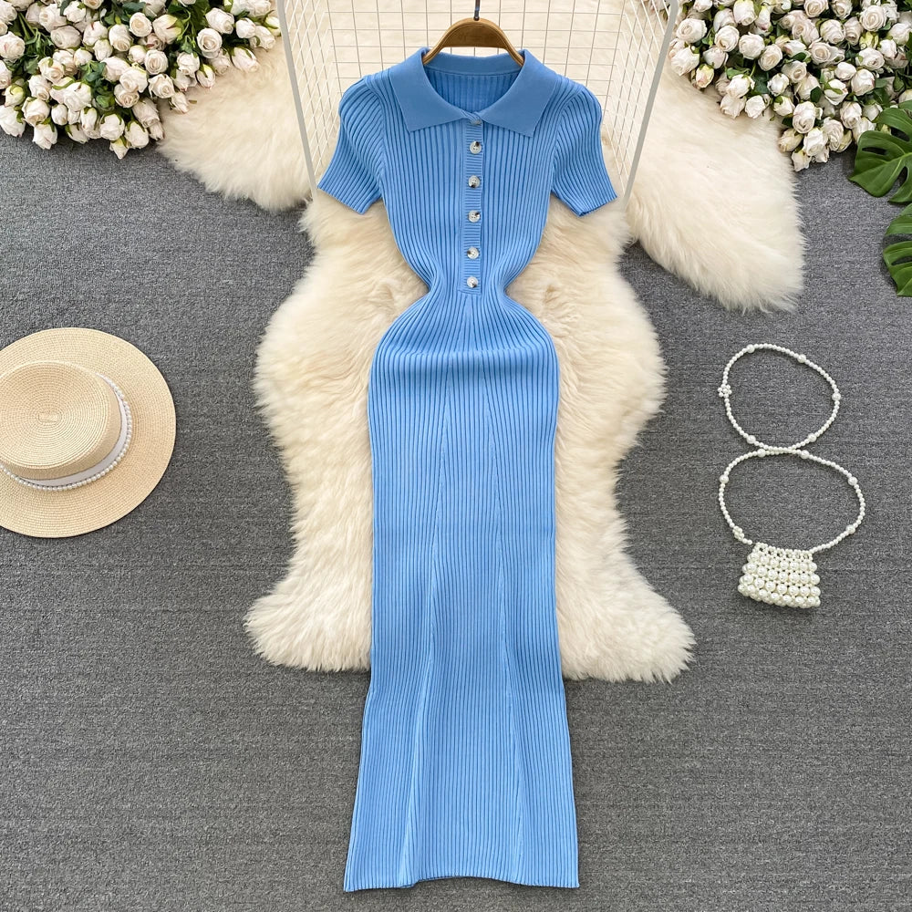 REALEFT Verano 2026 Nuevo Polo de Mujer Vestido Largo Tejido Sólido Elegante Manga Corta Botones Vestido Bodycon Envolvente Femenino