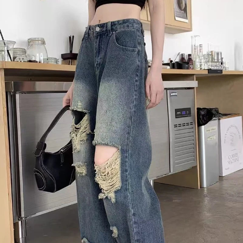 Pantalones casuales de mezclilla para mujer, jeans vintage rectos, pantalones de moda de otoño y primavera para mujer, azules, de pierna ancha con rotos