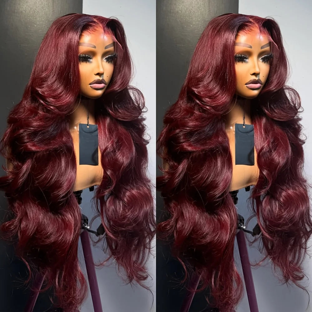 99J Burgundy Pre Impregnated Lace Women's Front Hair 250% Density 13x4 Body Wave HD Transparent Lace Front Wig For Women