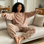 O-Neck Pullover Top + Plaid Loose Elastic Waist Pants Set