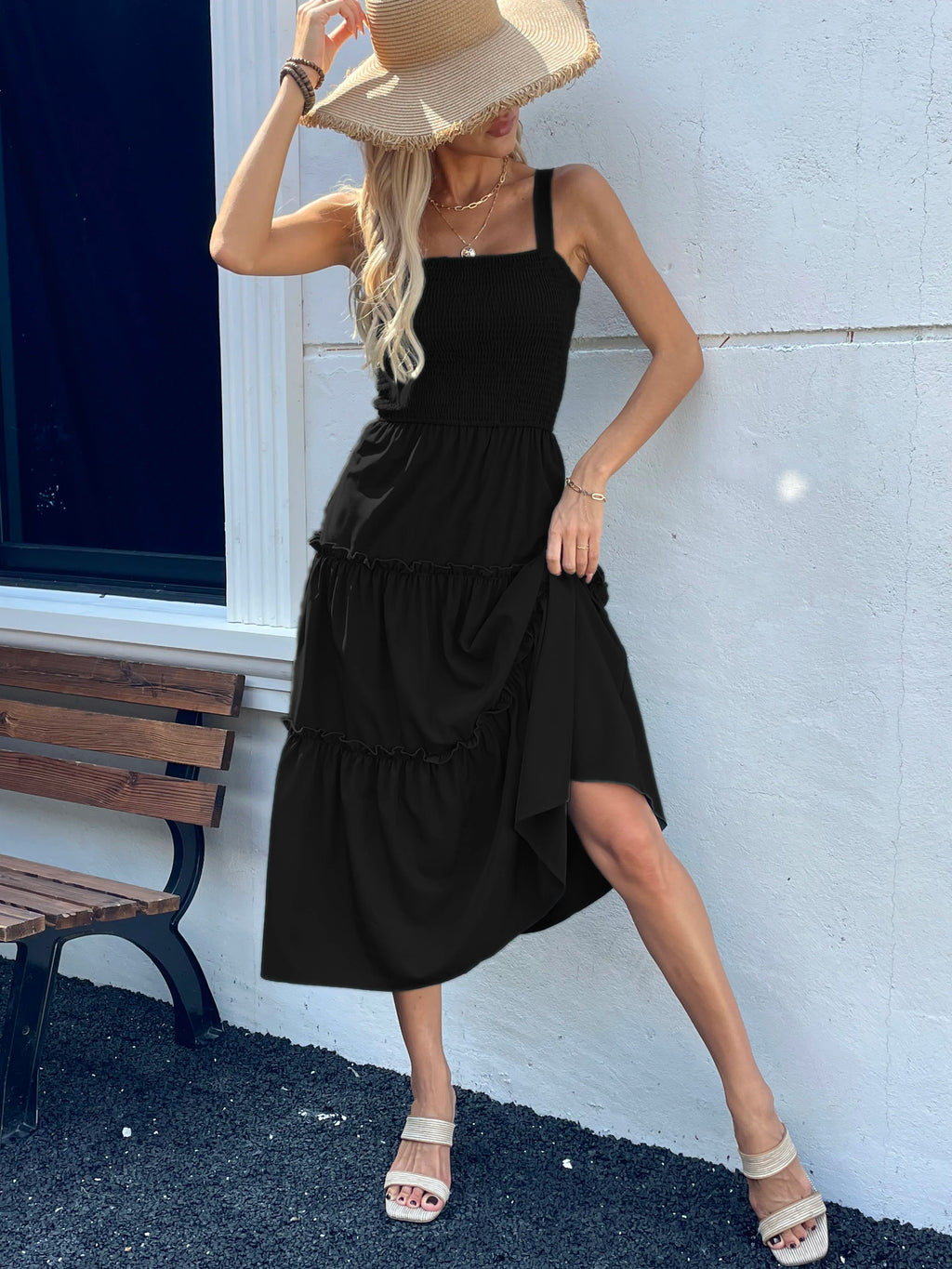 Vestido sin mangas fruncido en el busto y con dobladillo con volantes para mujer - Vestido de tirantes ajustado sexy de verano para fiestas y playa