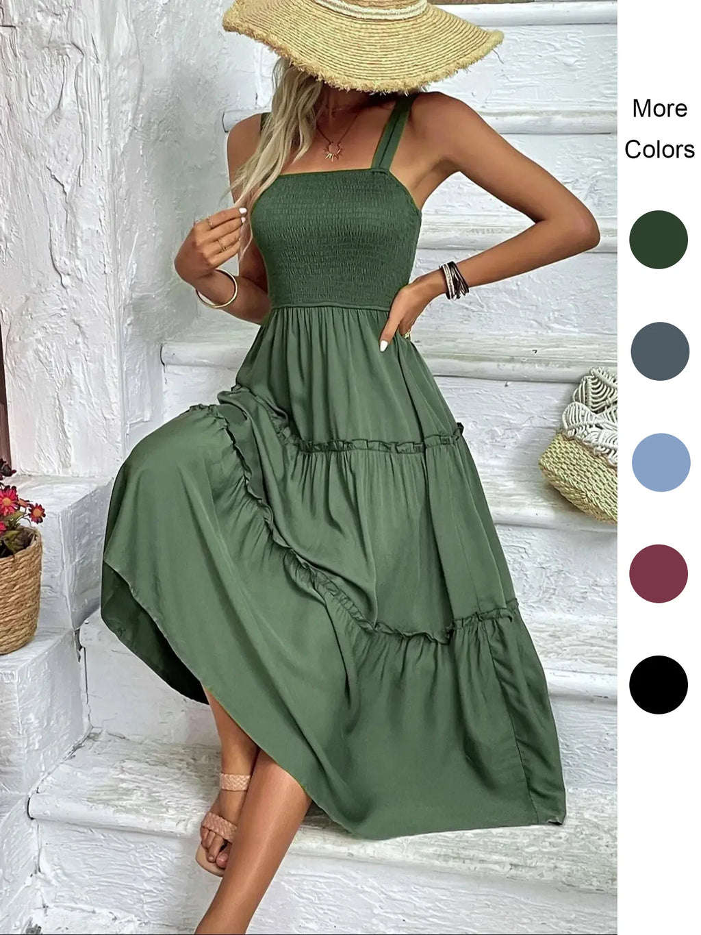 Vestido sin mangas fruncido en el busto y con dobladillo con volantes para mujer - Vestido de tirantes ajustado sexy de verano para fiestas y playa