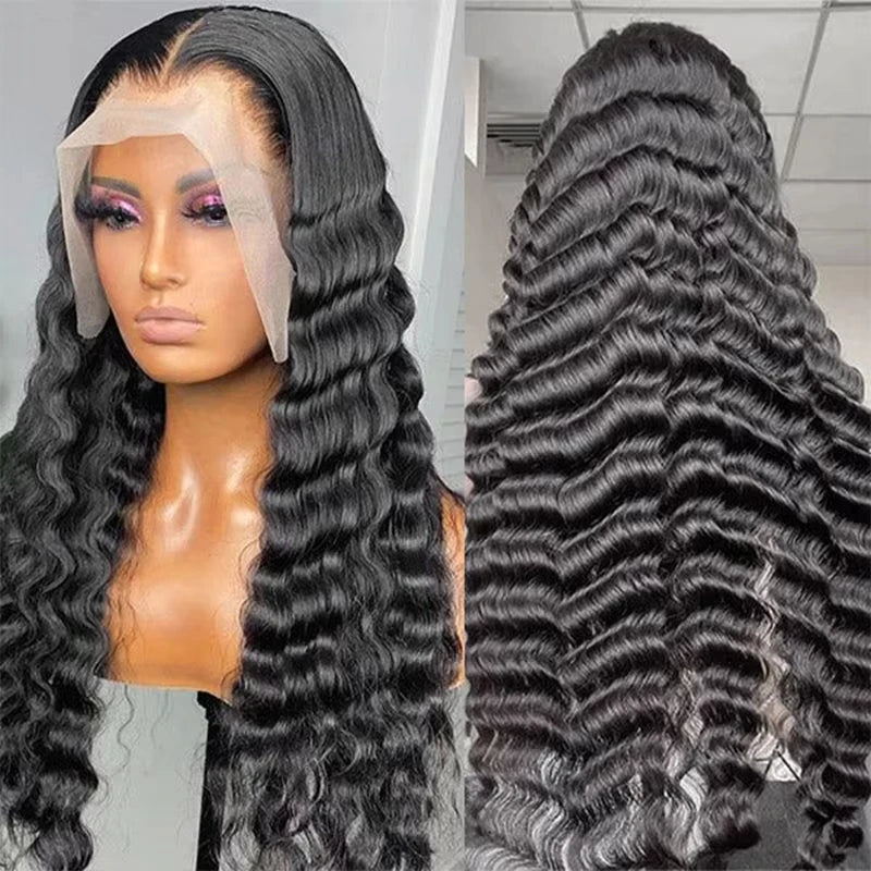 240% Density Deep Wave Wavy Curly Human Hair Wigs 13x4 Transparent Lace Frontal Brazilian Hair Wig