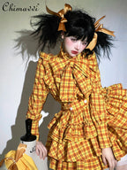 Plaid Long Sleeve Bow Shirt High Waist Skirt Set