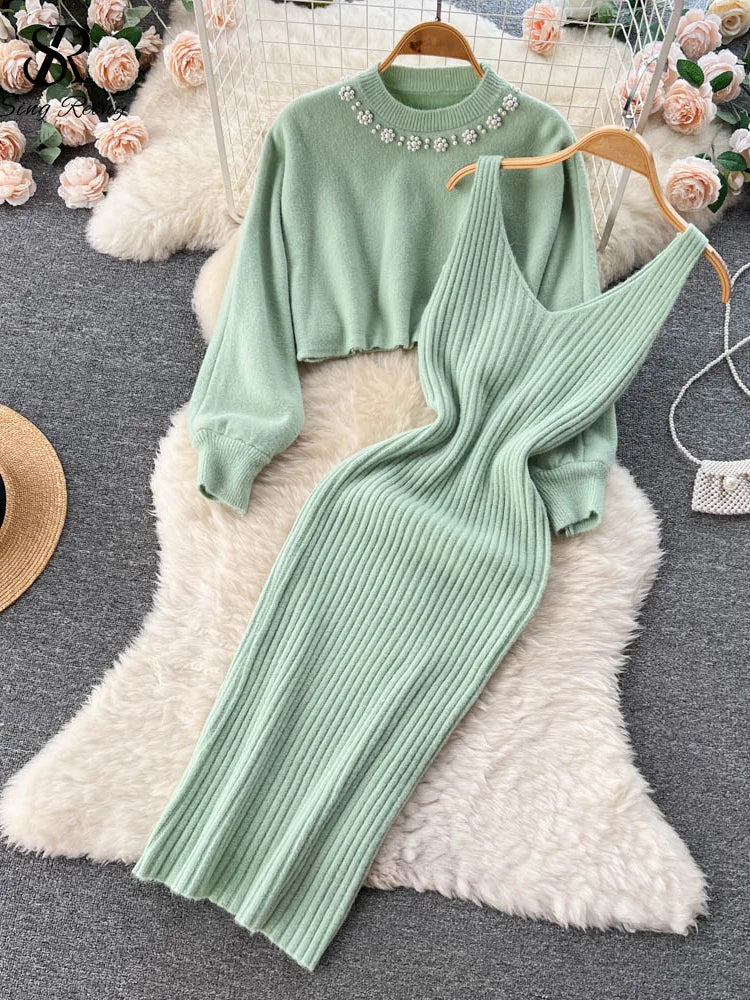 Long Sleeve Pearl Sweater + Knitted Camis Dress Set