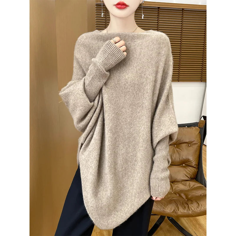Suéter de Lana Francés para Mujer Manga Larga Color Liso Jersey Cuello Redondo Suelto de Punto Tipo Chal