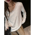 Camiseta Holgada de Talla Grande para Mujer, Negra, Blanca, Otoño, Encaje Suave, Cuello en V, Camiseta Coreana Urbana de Manga Larga, Jersey