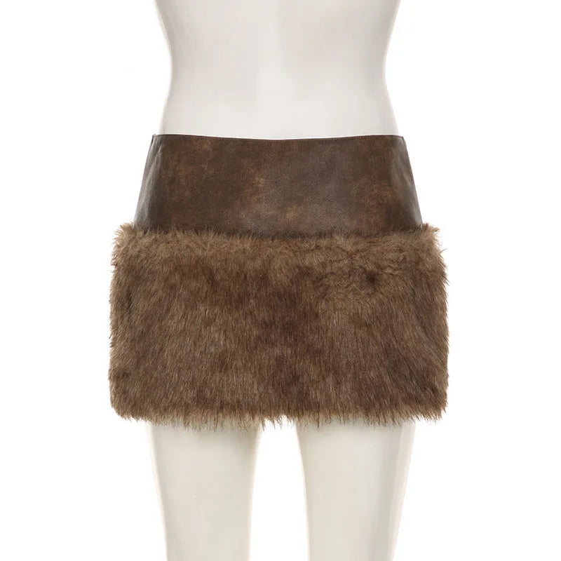 Patchwork Pu Leather Furry Skirt