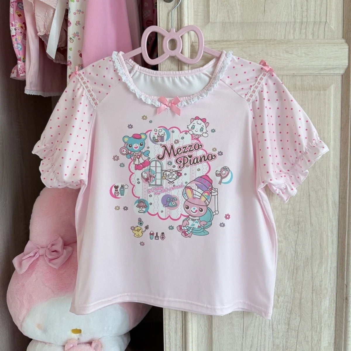 Blusa Estampada Kawaii Sweet Lolita para Mujer Manga con Volantes Encaje Camiseta con Ribete de Lazo Decoración Personaje de Dibujos Animados Estampado Integral Top Lindo