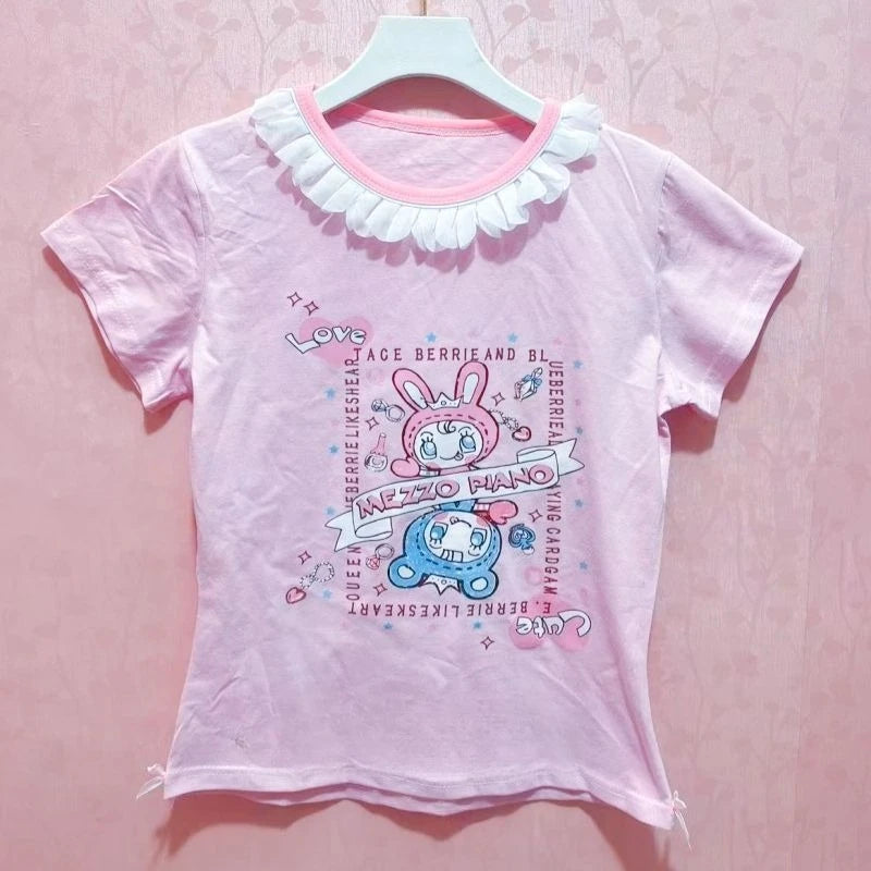 Blusa Estampada Kawaii Sweet Lolita para Mujer Manga con Volantes Encaje Camiseta con Ribete de Lazo Decoración Personaje de Dibujos Animados Estampado Integral Top Lindo
