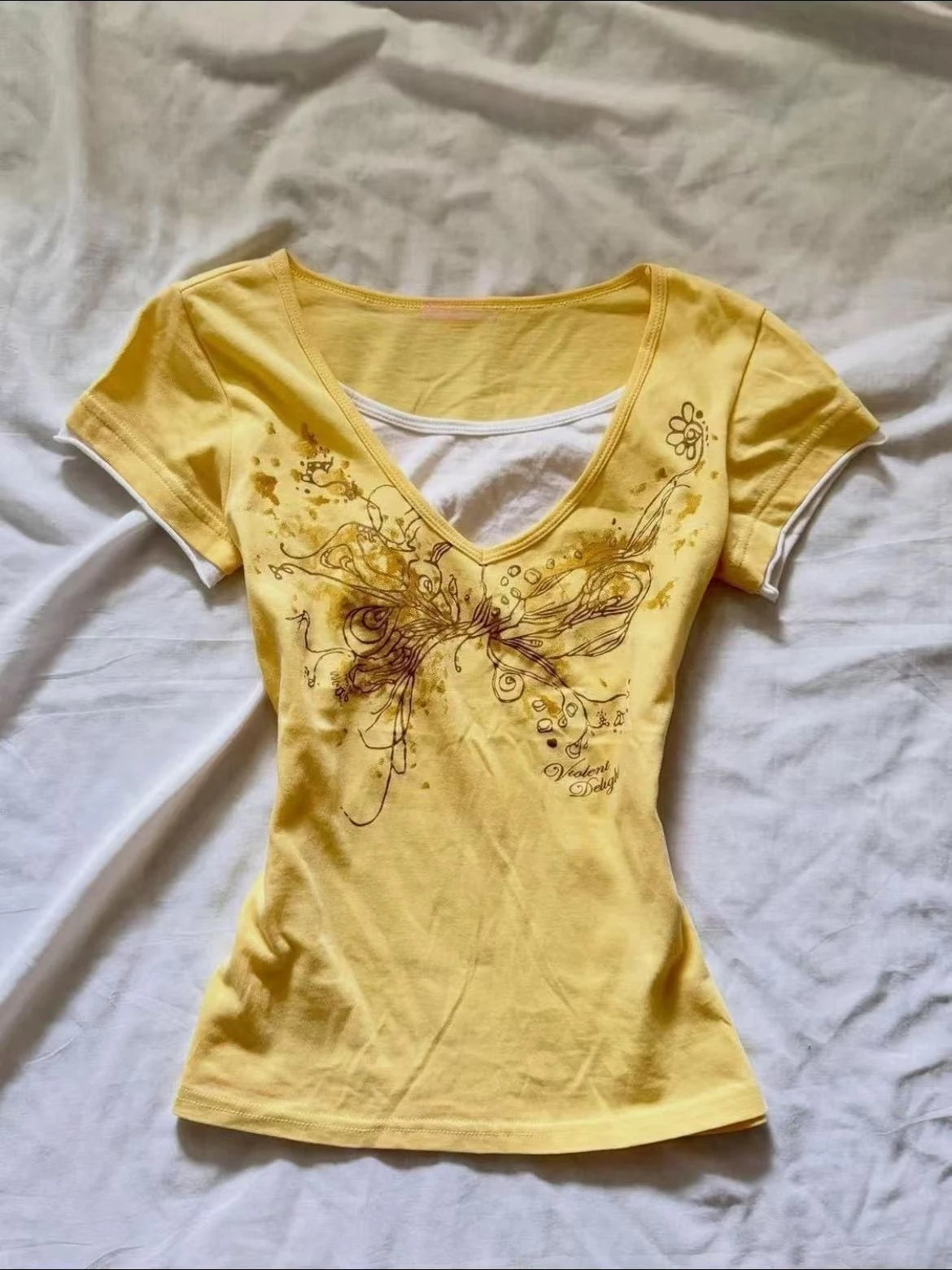 Yellow Fake Two‑Piece Short Sleeve Tee