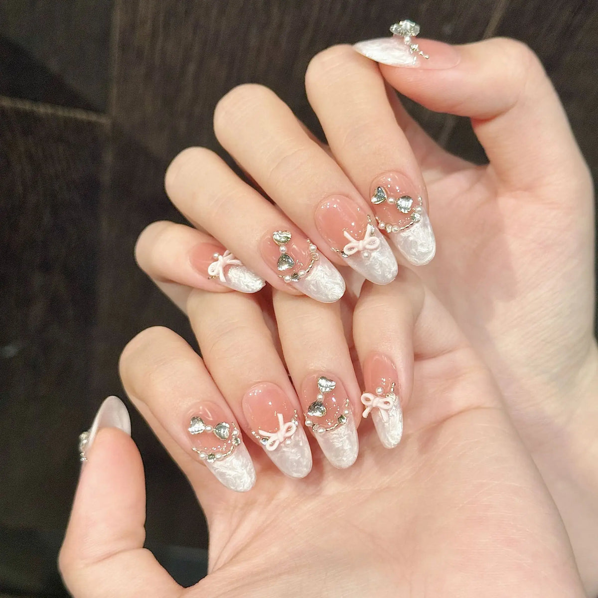 10pcs French Cat Eye Pink Bow Handmade Press on Nails