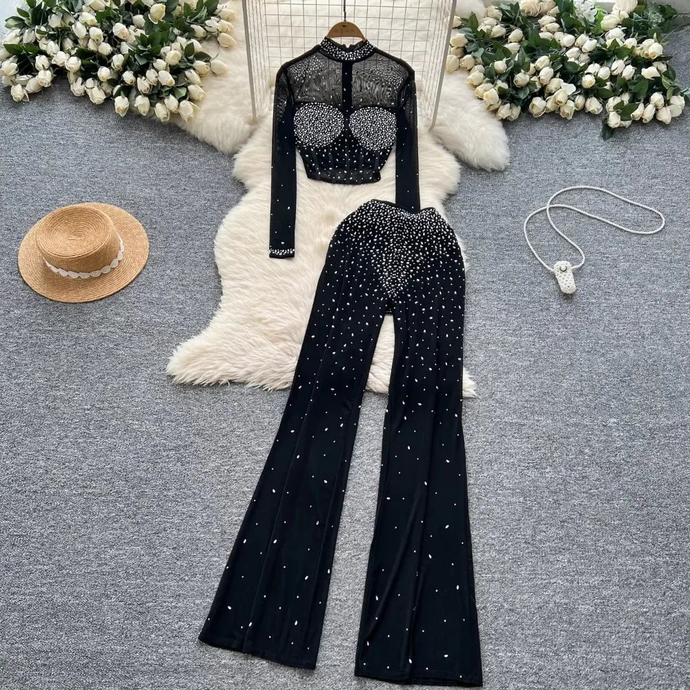 See Through Mesh Rhinestone Long Sleeve Slim Short Top High Waist Wide Leg Pants Sets