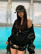 Chaqueta con capucha vintage de streetwear americano para mujer, manga larga, informal, con estampado de letras, estilo Y2k, abrigo retro con cremallera, novedad de otoño de 2025