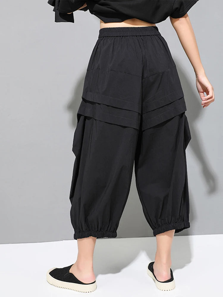 [EAM] Pantalones Casuales Plisados Negros de Cintura Alta Elásticos Nuevos Pantalones Sueltos de Moda para Mujer Marea Primavera Otoño 2026 1DF4770