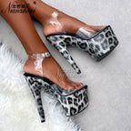 Leopard Print Peep Toe Clear Platform Sandals
