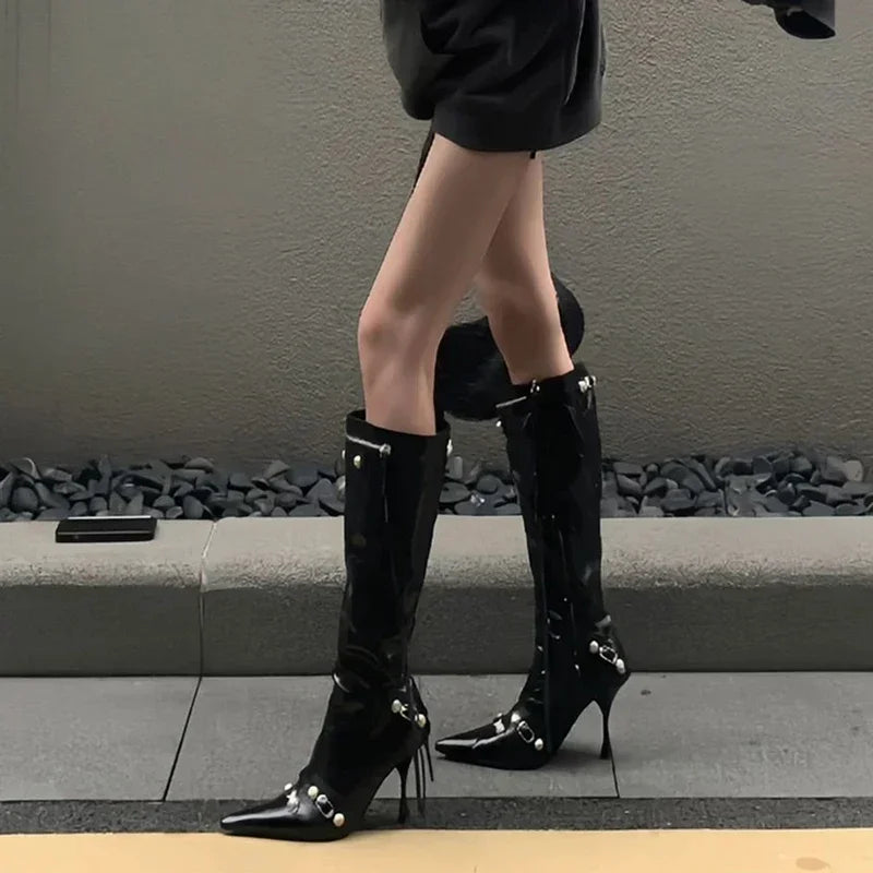 Tassels Side Zippers Pointed Toe Long Booties