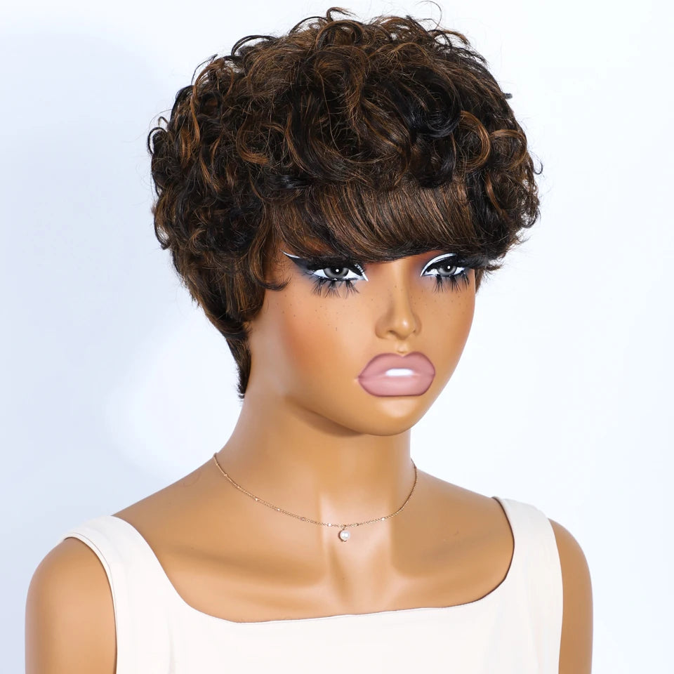 Mixed Brown Short Pixie Cut Curly 100% Human Hair Wig For Women Brazilian Remy Hair Colored Side Part Full Machine Wigs