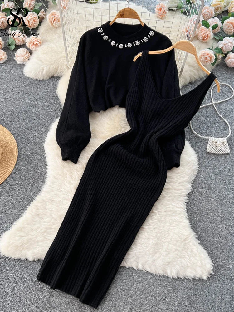 Long Sleeve Pearl Sweater + Knitted Camis Dress Set